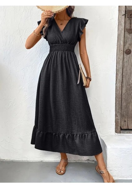 Kadın Kısa Kelebek Kollu Kruvaze Yakalı Beli Lastikli Aerobin Elbise modelleri