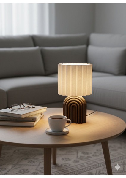 Modern Pliseli Ahşap Desen Abajur | Masa Lambası | Ev Dekorasyonu | Hediyelik Eşya