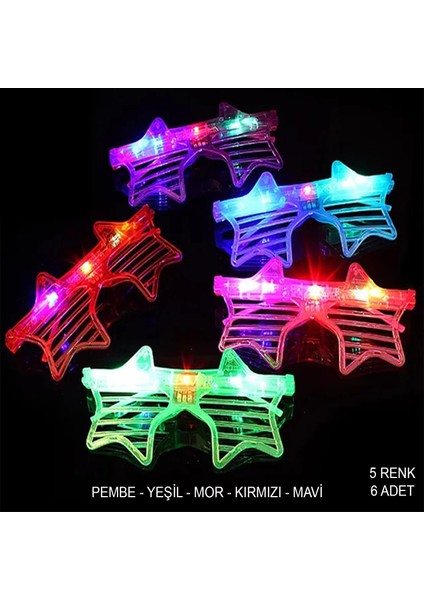 Işıklı Yıldız Şekilli LED Parti Gözlüğü 5 Renk 6 Lı Set