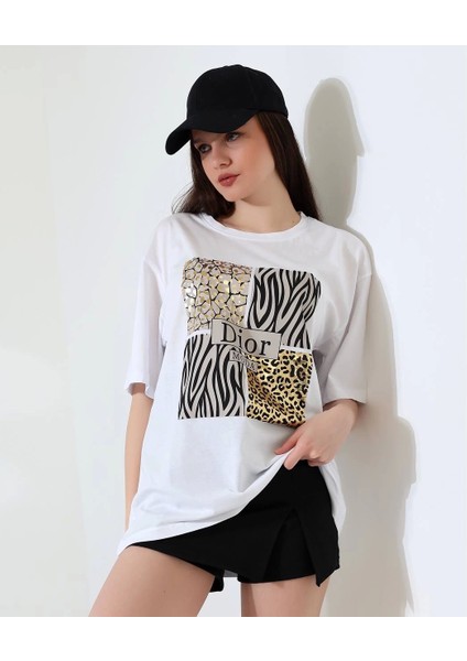 Karma Desenli Oversize Tişört