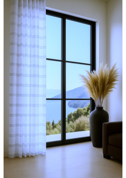 Şerit Desenli Keten Tül Perde- Kalın Dokulu - Ekru - Pileli Dikim - ANT07