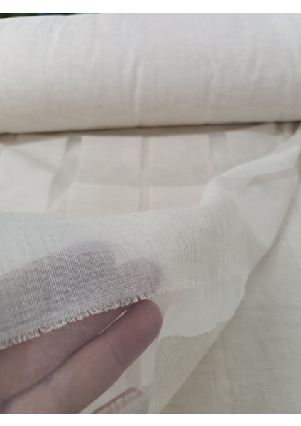 Şerit Desenli Keten Tül Perde- Kalın Dokulu - Koyu Krem - Pileli Dikim -ANT08