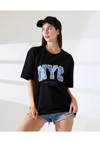 Oversize Siyah Baskılı Tişört