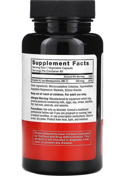 Mk-7 Vitamin K2 100 Mcg Bone & Heart Health 60 Vegetable Caps fiyatları