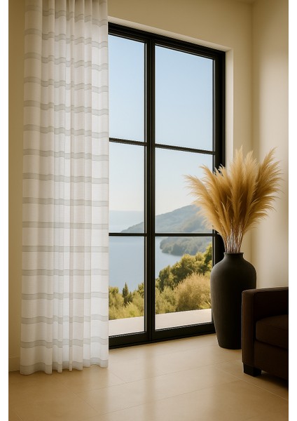 Şerit Desenli Keten Tül Perde- Kalın Dokulu - Krem - Pileli Dikim - YL5636