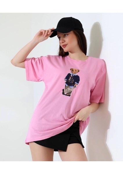 Ayıcıklı Oversize Tişört Pembe