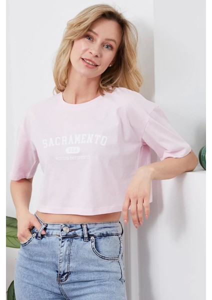 Baskılı Crop Tişört Pembe fiyatları