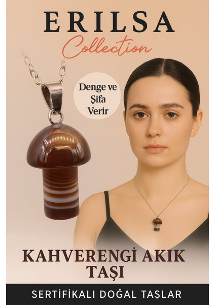 Sertifikalı Mantar Model Kahverengi Akik Taşı Kolye - Denge ve Şifa Veren Doğal Taş