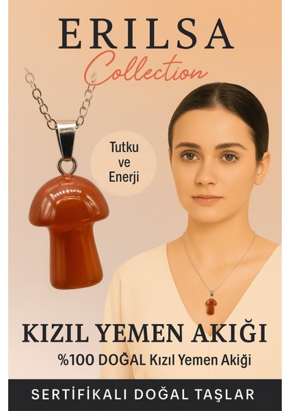 Sertifikalı Mantar Model Kızıl Yemen Akik Taşı Kolye - Tutku ve Enerji Veren Doğal Taş