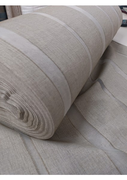 Şerit Desenli Keten Tül Perde- Kalın Dokulu - Sütlü Kahve - Pileli Dikim - BJ4121 fiyatları