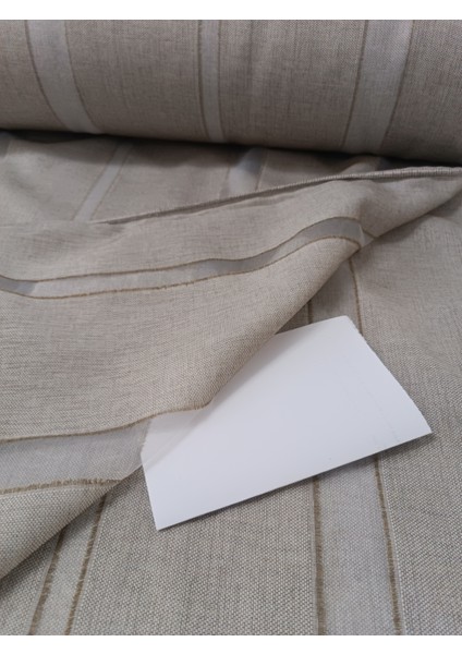 Şerit Desenli Keten Tül Perde- Kalın Dokulu - Sütlü Kahve - Pileli Dikim - BJ4121 modelleri