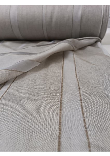 Şerit Desenli Keten Tül Perde- Kalın Dokulu - Sütlü Kahve - Pileli Dikim - BJ4121 fırsatları