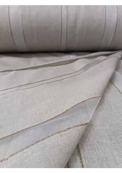 Şerit Desenli Keten Tül Perde- Kalın Dokulu - Sütlü Kahve - Pileli Dikim - BJ4121