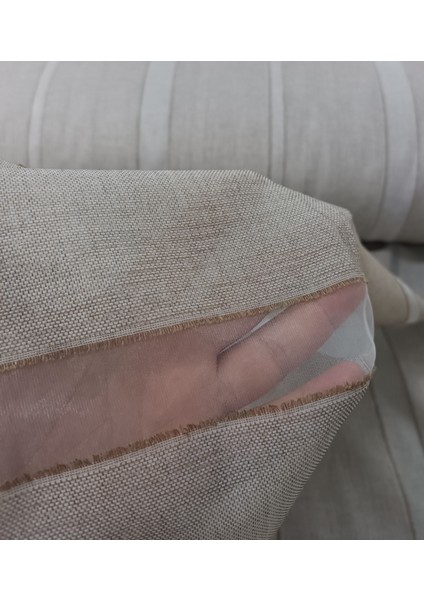 Şerit Desenli Keten Tül Perde- Kalın Dokulu - Sütlü Kahve - Pileli Dikim - BJ4121