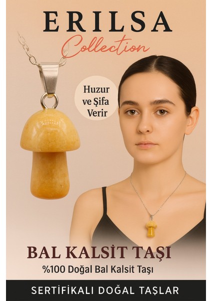 Sertifikalı Mantar Model Bal Kalsit Taşı Kolye Huzur ve Şifa Veren Doğal Taş
