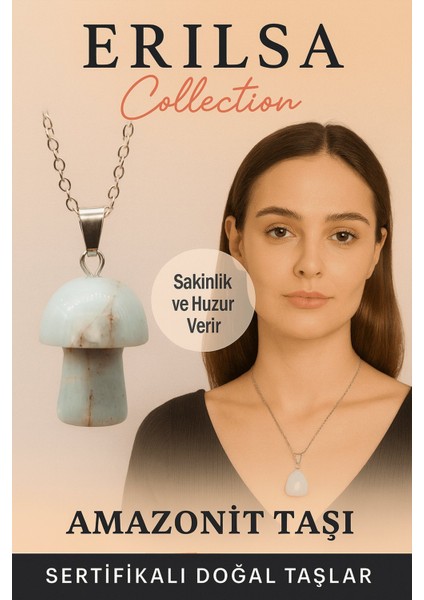 Sertifikalı Mantar Model Amazonit Taşı Kolye - Sakinlik ve Huzur Veren Doğal Taş