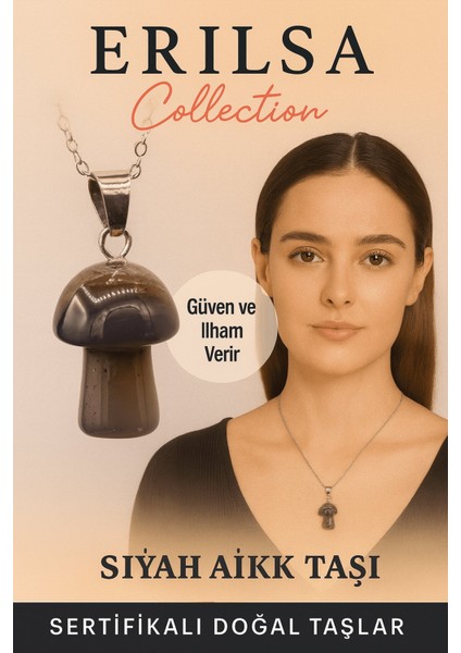 Sertifikalı Mantar Model Siyah Akik Taşı Kolye - Güç ve Ilham Veren Doğal Taş