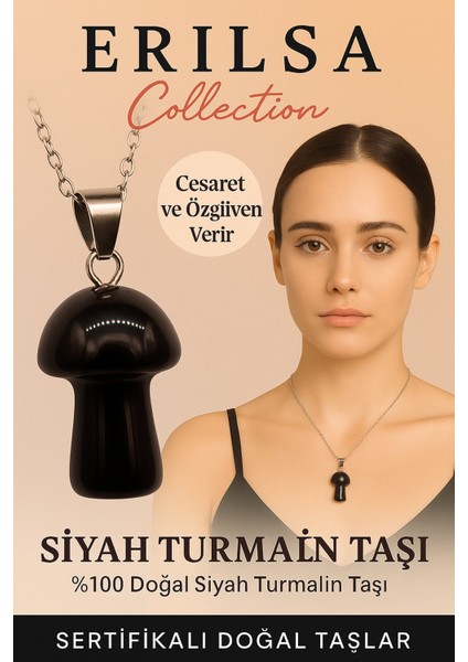 Sertifikalı Mantar Model Siyah Turmalin Taşı Kolye - Cesaret ve Özgüven Veren Doğal Taş