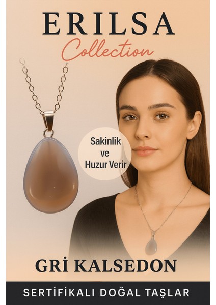 Sertifikalı Damla Model Gri Kalsedon Taşı Kolye - Sakinlik ve Huzur Veren Doğal Taş