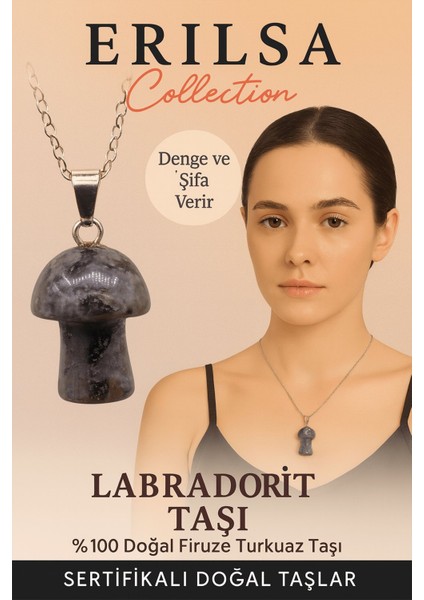 Sertifikalı Mantar Model Labradorit Taşı Kolye - Denge ve Şifa Veren Doğal Kolye