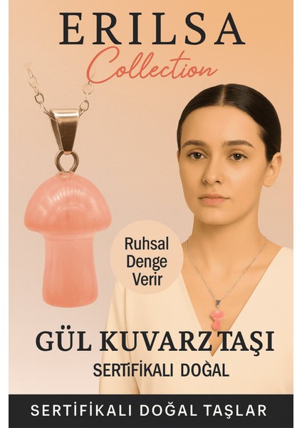 Sertifikalı Mantar Model Gül Kuvars Taşı Kolye - Ruhsal Denge Veren Doğal Taş Kolye