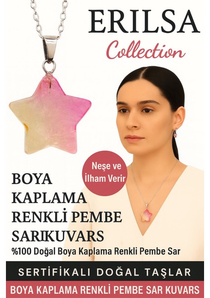 Sertifikalı Yıldız Model Pembe Sarı Kuvars Doğal Taş Kolye – Neşe ve Ilham Taşı