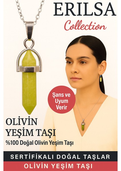 Sertifikalı Çivi Model Olivin Yeşim Doğal Taş Kolye – Şans ve Uyum Verir
