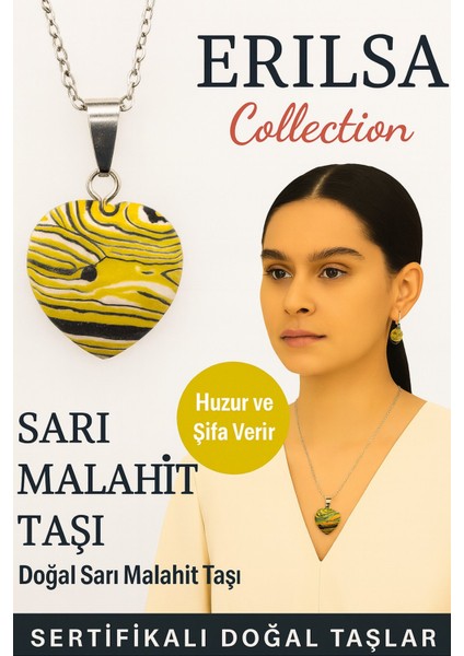 Sertifikalı Kalp Model Sarı Malahit Doğal Taş Kolye – Huzur ve Şifa Verir