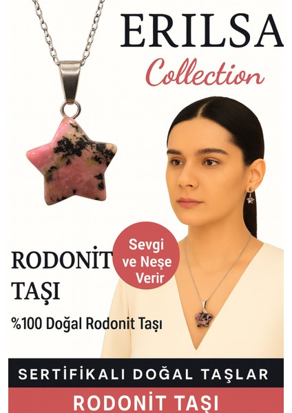Sertifikalı Yıldız Model Rodonit Doğal Taş Kolye – Sevgi Neşe ve Duygusal Denge Taşı