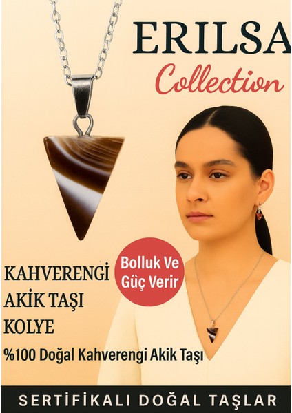 Sertifikalı Piramit Model Kahverengi Akik Taşı Kolye - Bolluk ve Güç Veren Doğal Taş Takı