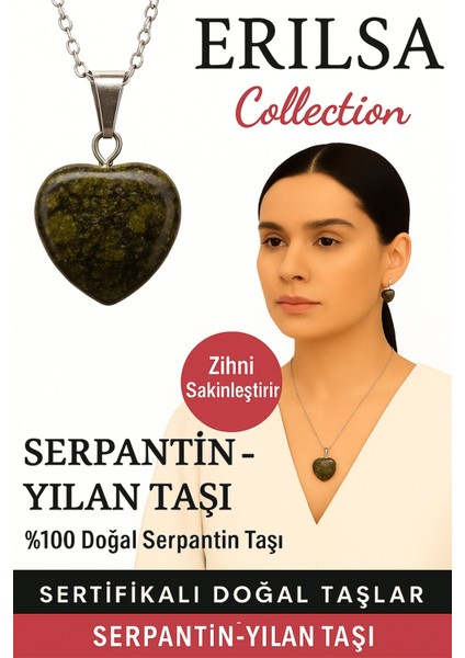 Sertifikalı Kalp Model Serpantin Yılan Doğal Taş Kolye – Zihni Sakinleştiren Denge ve Koruma Taşı