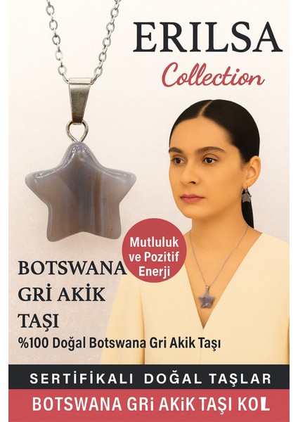 Sertifikalı Yıldız Model Botswana Gri Akik Doğal Taş Kolye – Mutluluk ve Pozitif Enerji