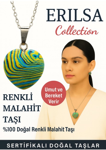 Sertifikalı Kalp Model Renkli Malahit Doğal Taş Kolye – Umut ve Bereket Verir