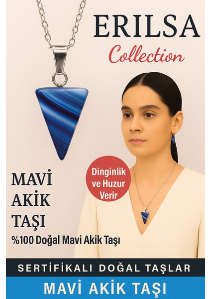 Sertifikalı Piramit Model Mavi Akik Taşı Kolye - Dinginlik ve Huzur Veren Doğal Taş