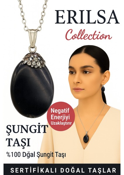 Sertifikalı Zirkon Taşlı Şungit Doğal Taş Kolye – Negatif Enerji Koruma Denge ve Şifa Taşı