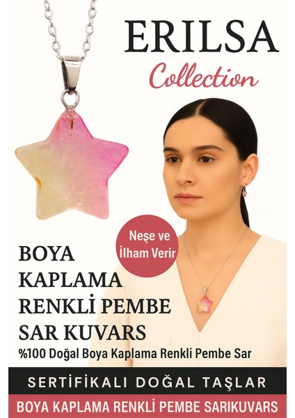 Sertifikalı Yıldız Model Boya Kaplama Renkli Pembe Sarı Kuvars Doğal Taş Kolye