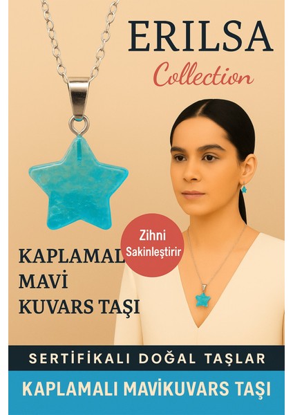Sertifikalı Yıldız Model Kaplamalı Su Mavisi Kuvars Doğal Taş Kolye – Zihni Sakinleştiren Enerji