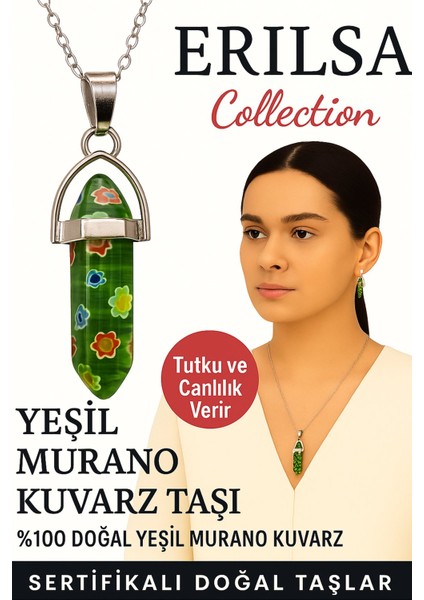 Sertifikalı Çivi Model Yeşil Murano Kuvars Doğal Taş Kolye – Tutku ve Canlılık Taşı