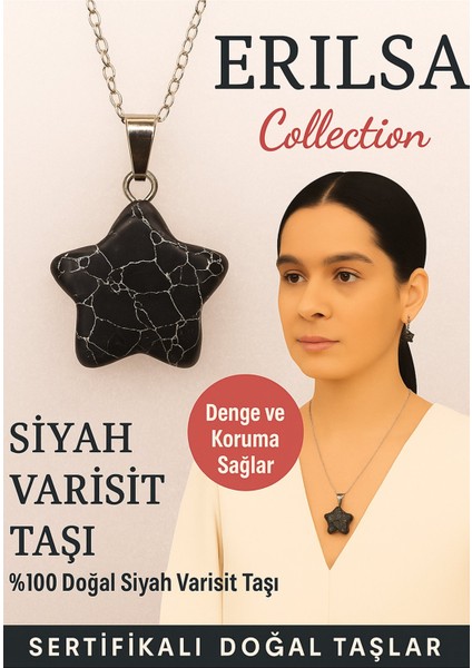 Sertifikalı Yıldız Model Siyah Varisit Doğal Taş Kolye – Denge ve Koruma Sağlar