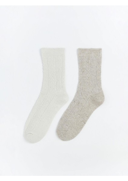 Kendinden Desenli Yünlü Kadın Soket Çorap 2'li (W5)