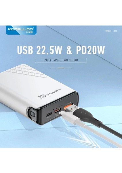A6Q 22.5W USB 3.0 ve 20W Type-C Çıkışlı 10.000 Mah Pd Powerbank - Beyaz