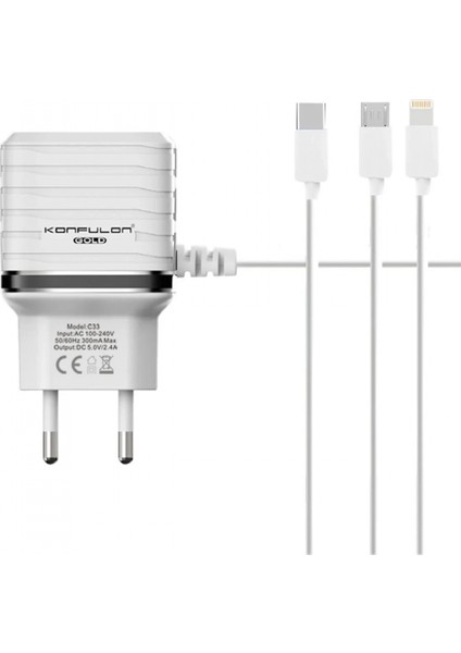 C33 Hızlı Şarj Cihazı 3in1 (Dahili Micro USB Kablolu)