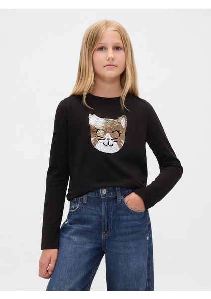 Kız Çocuk Siyah Flippy-Sequin Grafik T-Shirt
