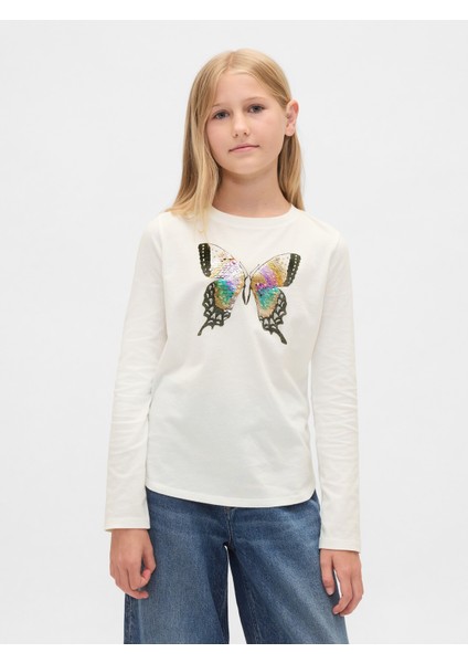 Kız Çocuk Beyaz Flippy-Sequin Grafik T-Shirt