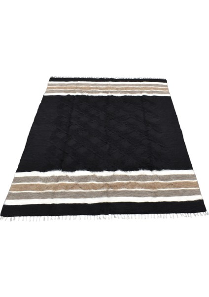 Yeni El Dokuma Siyah Dikişsiz Çift Kişilik Tiftik Yün Siirt Kilimi 6372