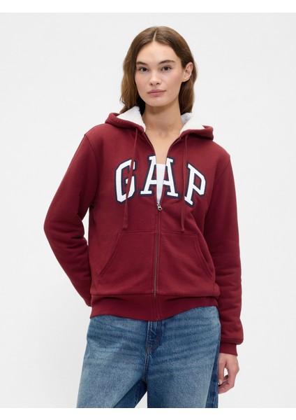 Kadın Tuğla Kırmızısı Gap Logo Fermuarlı Sweatshirt