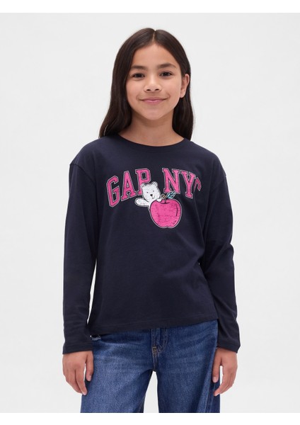 Kız Çocuk Lacivert Relaxed Grafik Logo T-Shirt