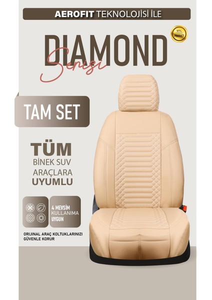 Toyota Rav4 ile Uyumlu Lüx Deri Oto Koltuk Kılıfı Ön Arka Takım Dıamond Serisi Bej