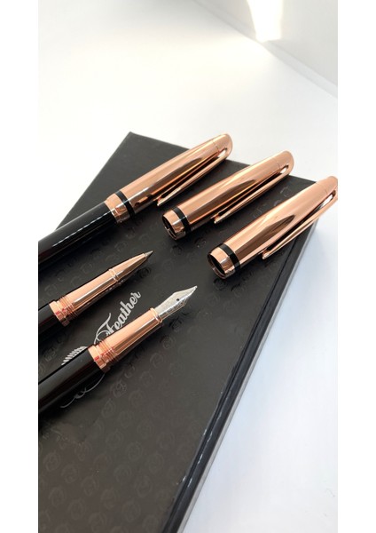 Rose Gold Detaylı 3lü Kalem Seti - Dolma, Roller ve Tükenmez Kalem | Lüks Hediye Kutulu