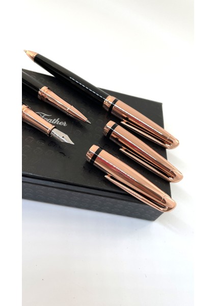 Rose Gold Detaylı 3lü Kalem Seti - Dolma, Roller ve Tükenmez Kalem | Lüks Hediye Kutulu fırsatları